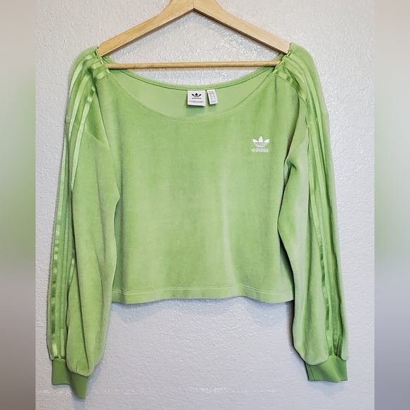 Adidas Green Velour Off The Shoulder Cropped Sweatshirt Size Medium - Picture 12 of 12